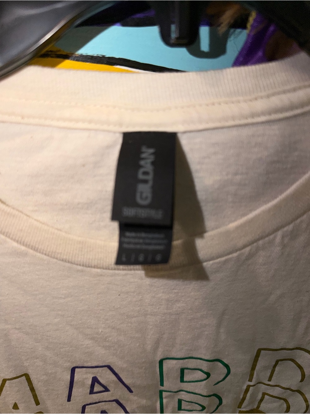 Gildan Cream Mardi Gras Graphic Tee with Gold Purple Green Accents - Picture 3 of 3